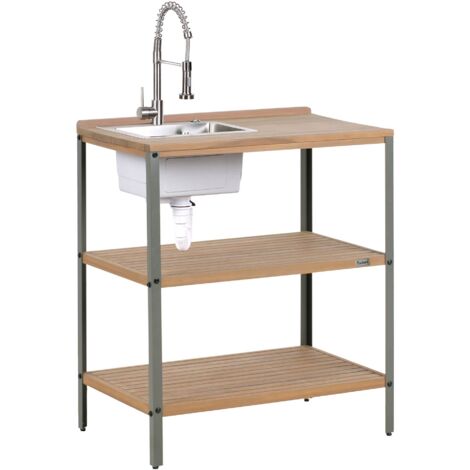 Isola da esterno marrone con lavello in legno d'acacia 2 ripiani con top 50 x 80 x 92 cm Ivrea