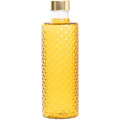 Isolano Bouteille de Design en Verre Borosilicaté Soufflé à la Main Effet Diamant Couleur Jaune Or avec Bouchons Satinés Or et Argent Élégante