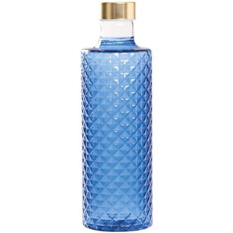 Isolano Bouteille design en verre borosilicaté soufflé à la bouche avec finition diamantée, couleur bleu clair, complète avec double bouchon décoratif
