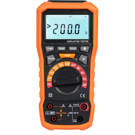 Isolationswiderstandsmessgerät 50/100/250/500/1000 V, Megohmmeter und Multimeter mit 2 Messleitungen und Krokodilklemmen. Misst Wechsel- und Gleichspannung, Frequenz, Leitfähigkeit und niedrige Widers