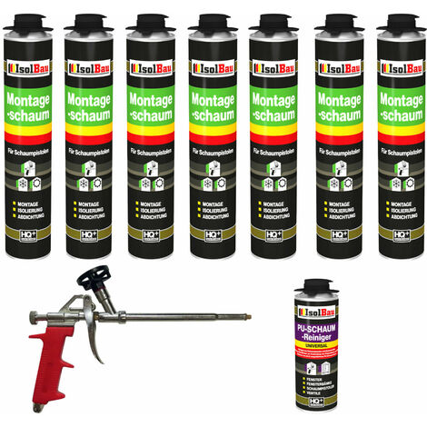 Isolbau B2 Lot de 7 cartouches de 750 ml de mousse polyuréthane monocomposante de construction/montage pour pistolet + 1 nettoyant + 1 pistolet