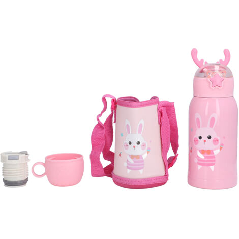 Isolierbecher für Kinder, 500 ml, mit Edelstahlstrohhalm und Temperaturanzeige – Rosa Hase