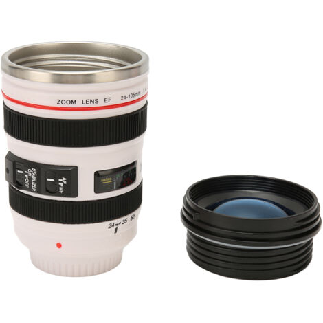 Isolierbecher in Kameraobjektiv-Optik für Fotografen – Einzigartiges Design aus ABS-Edelstahl, ideal für Zuhause, Reisen oder Büro, Schwarz-Weiß