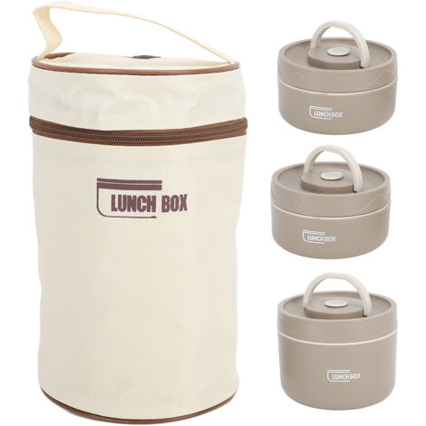 Isolierte Bento-Box aus Edelstahl 304, rund und tragbar mit Isoliertasche, 3-teilig, Dunkelbraun