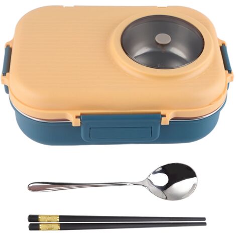 Isolierte Lunchbox (1100 ml) mit 3 Fächern, Edelstahl 304, mit blauem und gelbem Besteck
