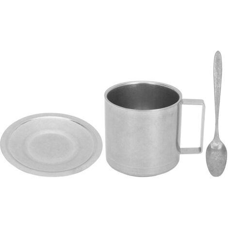 Isolierter Kaffeebecher aus Edelstahl 304 mit Untertasse und Löffel – 280 ml – für Zuhause, Büro und Camping