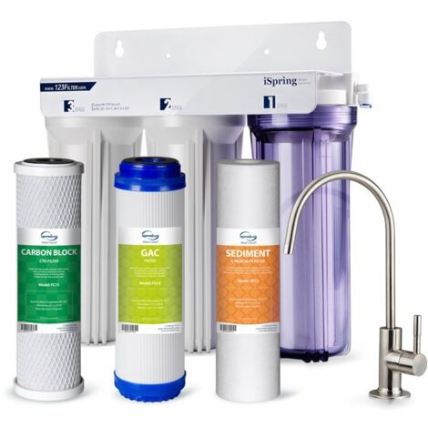 iSpring US31 Filtraggio dell'Acqua Sotto Lavello Classico a 3 Stadi, senza Serbatoio, Sedimenti + Carbonio + Carbonio