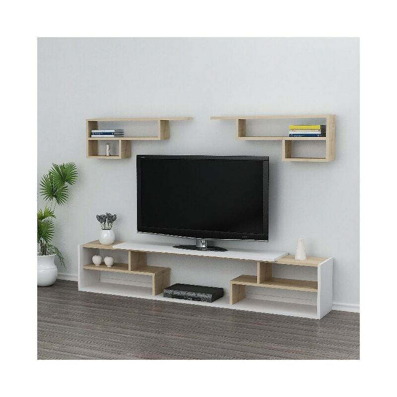 

Istanbul Mueble TV con estanterias, puertas, estantes - de la sala de estar - Blanco, Roble en Madera, 180 x 29,5 x 36,8 cm