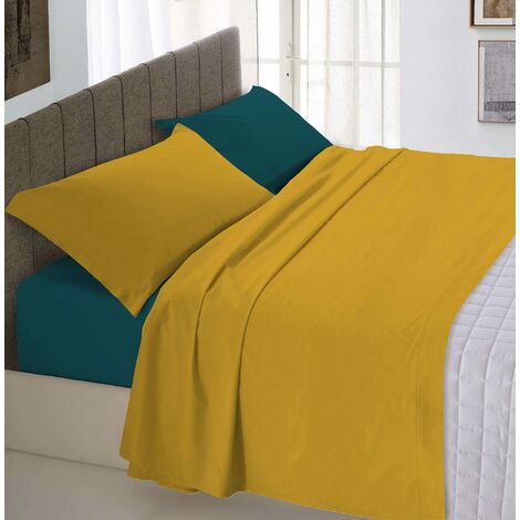 Italian Bed Linen Completo Letto Natural Color, 100% Cotone, Giallo (Ocra/Verde  Petrolio), Piazza e Mezza