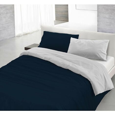 Italian Bed Linen Natural Color Parure Copripiumino con Sacco e Federe, 100% Cotone, Blu Scuro/Grigio Chiaro, Matrimoniale