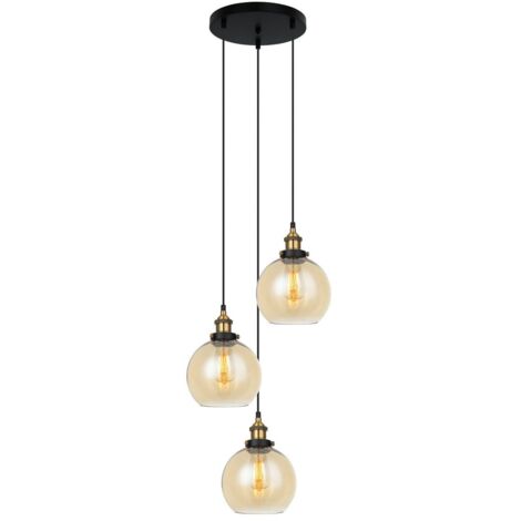 Italux Cardena - Colgante Industrial Y Retro Negro, Dorado 3 Luces con Pantalla Ámbar, Regulable E27