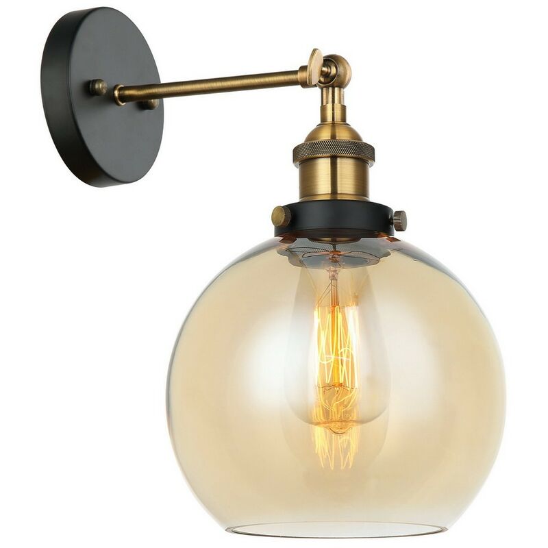 Image of Cardena - Lampada da parete industriale e retrò nera, oro 1 luce con paralume ambra, dimmerabile E27 - Italux