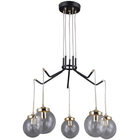 Italux Domenico - Suspension Industrielle Et Rétro Noir Mat, Or 5 Lumières Avec Abat-Jour Clair, E14