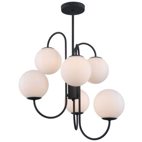 Italux Gela - Suspension industrielle et rétro noire à 6 lumières avec abat-jour blanc, G9