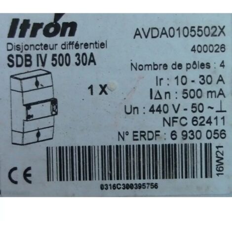 Itron – Disjoncteur tripolaire 400026 – Différentiel 500mA – 4 pôles 10-30A – Protection contre surcharges et courts-circuits - DIFF 500 MA