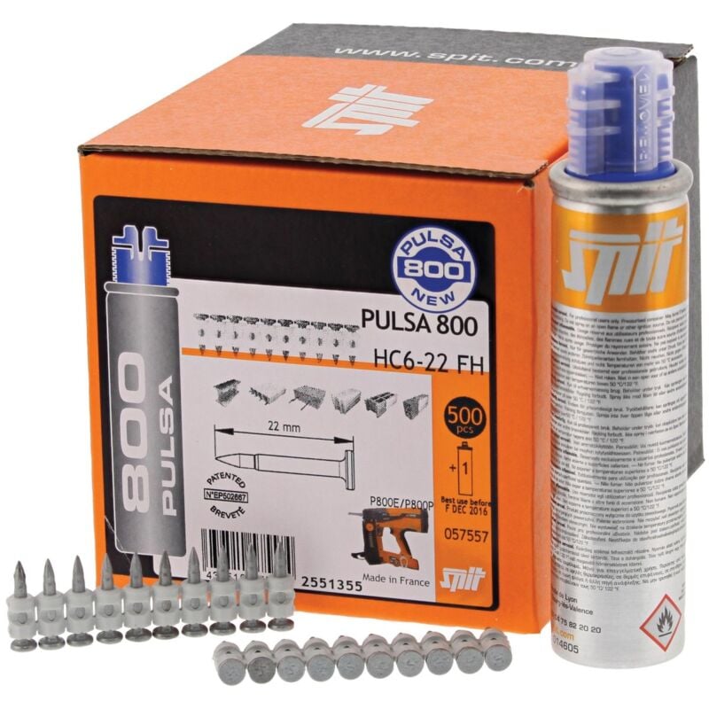 Itw HC6 22 mm fh, clous spéciaux Pulsa, avec 1 cartouche de gaz, 500 clous 22 mm (057557) - Spit