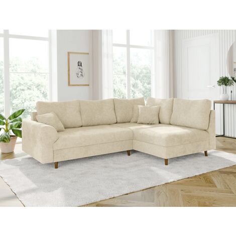 Ivar - Ecksofa mit Braun Holzfüßen im skandinavischen Stil aus Beige Chenille-Stoff