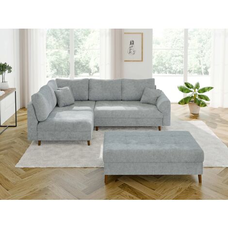 Ivar - Ecksofa mit Schlaffunktion und Hocker mit Braun Holzfüßen im skandinavischen Stil aus Beige Chenille-Stoff