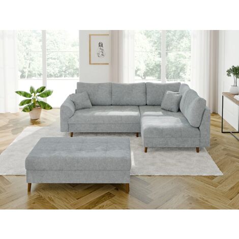 Ivar - Ecksofa mit Schlaffunktion und Hocker mit Braun Holzfüßen im skandinavischen Stil aus Hellgrau Chenille-Stoff