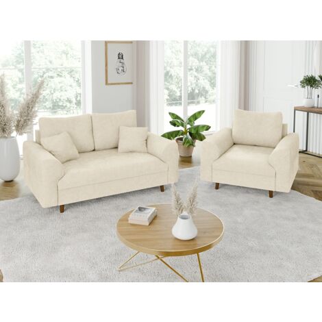 Ivar - Polstergarnitur 2+1 mit Braun Holzfüßen im skandinavischen Stil aus Beige Chenille-Stoff