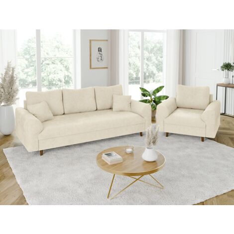 Ivar - Polstergarnitur 3+1 mit Braun Holzfüßen im skandinavischen Stil aus Beige Chenille-Stoff