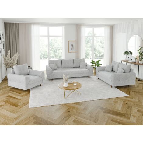 Ivar - Polstergarnitur 3+2+1 mit Braun Holzfüßen im skandinavischen Stil aus Hellgrau Chenille-Stoff