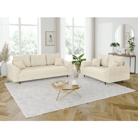 Ivar - Polstergarnitur 3+2 mit Braun Holzfüßen im skandinavischen Stil aus Beige Chenille-Stoff