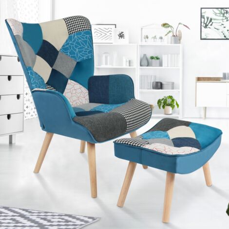 IDMARKET Poltrona scandinava IVAR con poggiapiedi in tessuto patchwork multicolore