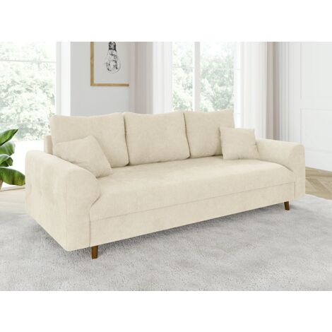 Ivar - Sofa 3 sitzer mit Braun Holzfüßen im skandinavischen Stil aus Beige Chenille-Stoff
