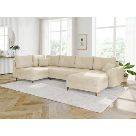 Ivar - Wohnlandschaft mit Braun Holzfüßen im skandinavischen Stil aus Beige Chenille-Stoff