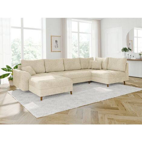 Ivar - Wohnlandschaft mit Braun Holzfüßen im skandinavischen Stil aus Beige Chenille-Stoff
