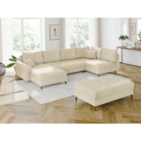 Ivar - Wohnlandschaft mit Schlaffunktion und Hocker mit Braun Holzfüßen im skandinavischen Stil aus Beige Chenille-Stoff