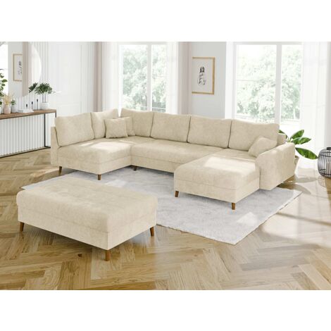 Ivar - Wohnlandschaft mit Schlaffunktion und Hocker mit Braun Holzfüßen im skandinavischen Stil aus Beige Chenille-Stoff