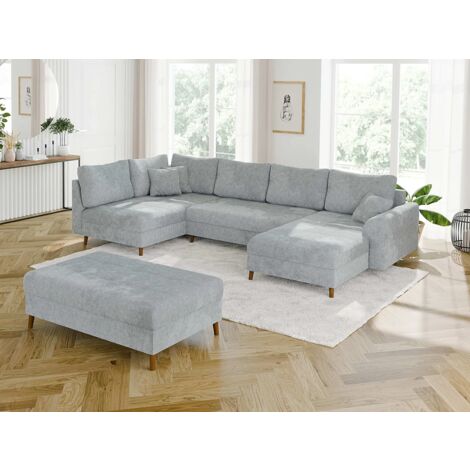 Ivar - Wohnlandschaft mit Schlaffunktion und Hocker mit Braun Holzfüßen im skandinavischen Stil aus Hellgrau Chenille-Stoff