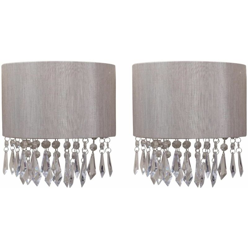Set of 2 Jewelled Silver Grey Fabric Wall Lights With Clear Beaded Crystal Style Strings