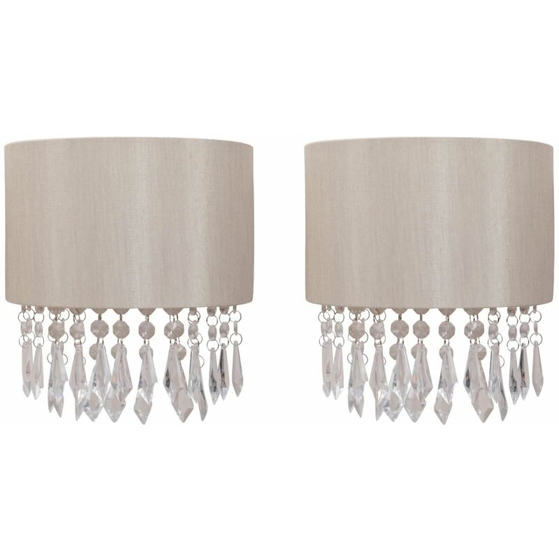 Set of 2 Jewelled Pale Gold Fabric Wall Lights With Clear Beaded Crystal Style Strings