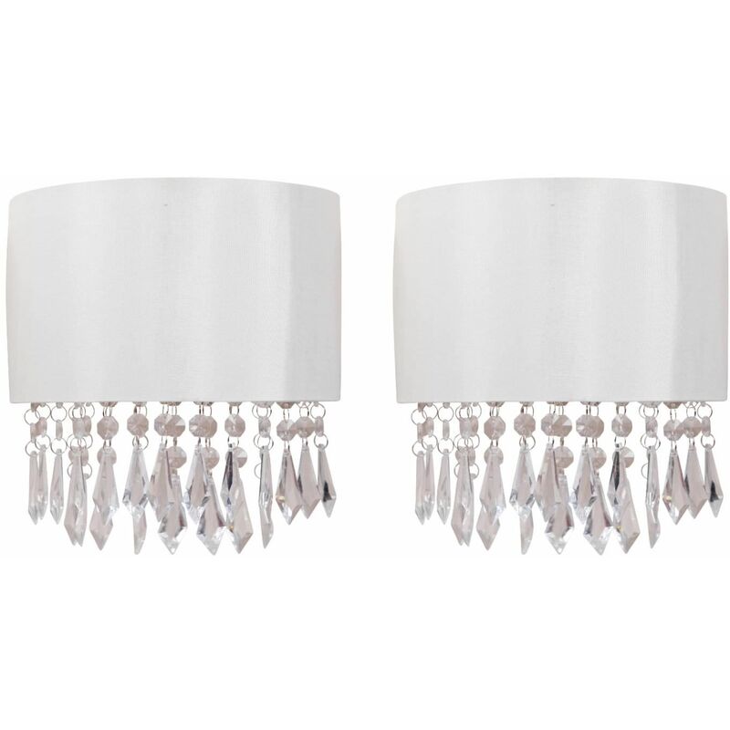 First Choice Lighting - Set of 2 Jewelled Ivory Fabric Wall Lights With Clear Beaded Crystal Style Strings