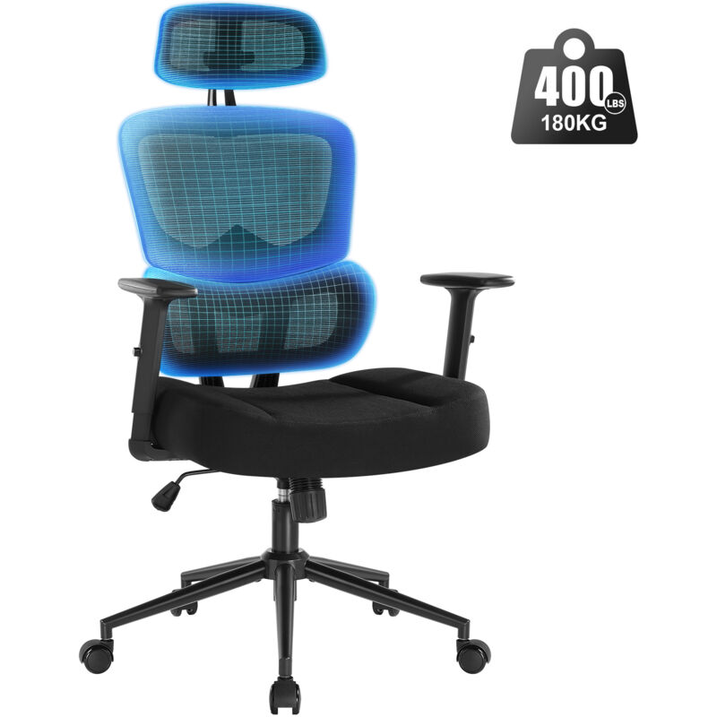 Chaise De Bureau Fauteuil en Maille Ergonomique, Siège Gamer Hauteur Réglable, Pivotant, Roulette Silencieuse - Noir - Iwmh