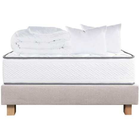 IZAC - Pack Matelas + Sommier Tapissier Beige 160x200 cm + 2 Oreillers + 1 Couette