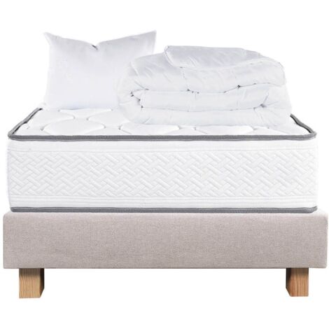 IZAC - Pack Matelas + Sommier Tapissier Beige 90x190 cm + 1 Oreiller + 1 Couette