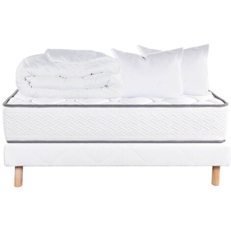 IZAC - Pack Matelas  + Sommier Tapissier Blanc 160x200 cm + 2 Oreillers + 1 Couette