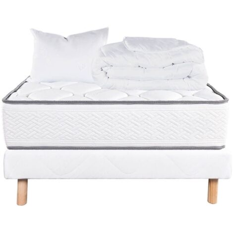 IZAC - Pack Matelas + Sommier Tapissier Blanc 90x190 cm + 1 Oreiller + 1 Couette