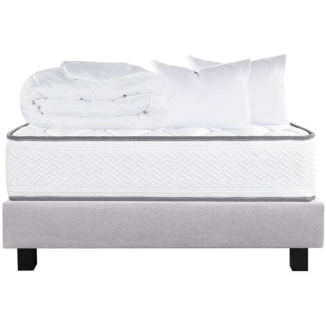 IZAC - Pack Matelas + Sommier Tapissier Gris 140x190 cm + 2 Oreillers + 1 Couette