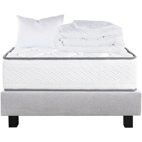 IZAC - Pack Matelas + Sommier Tapissier Gris 90x190 cm + 1 Oreillers + 1 Couette