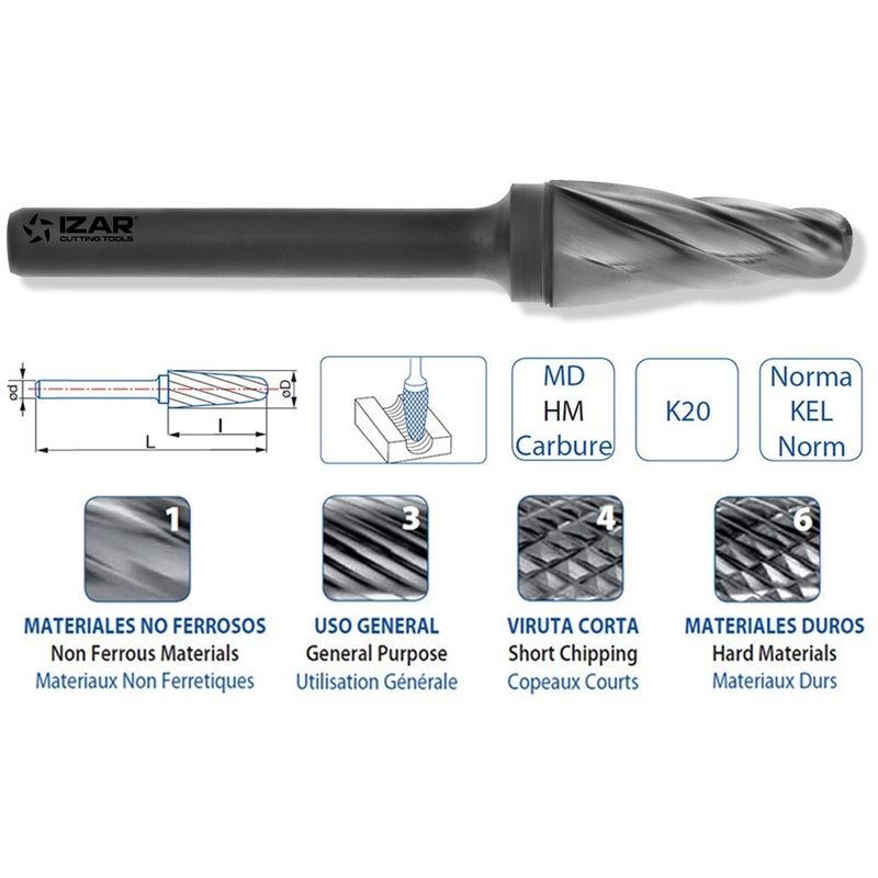 

44774 - Fresa rotativa metal duro norma-kel conica redondeada 12.70x06.00 mm dent.1 - Izar