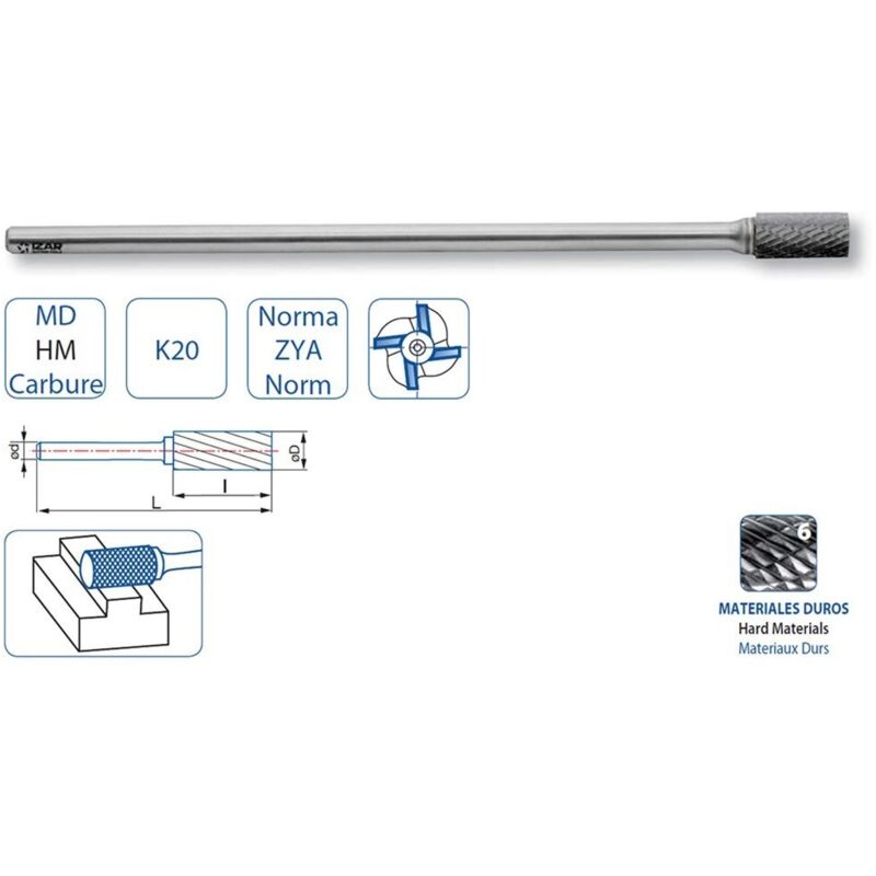 Izar - Fresa Rotativa Metal Duro Tipo a Sin-Corte-Centro Larga - 9230 - 12,70X06,00 mm Dent.6