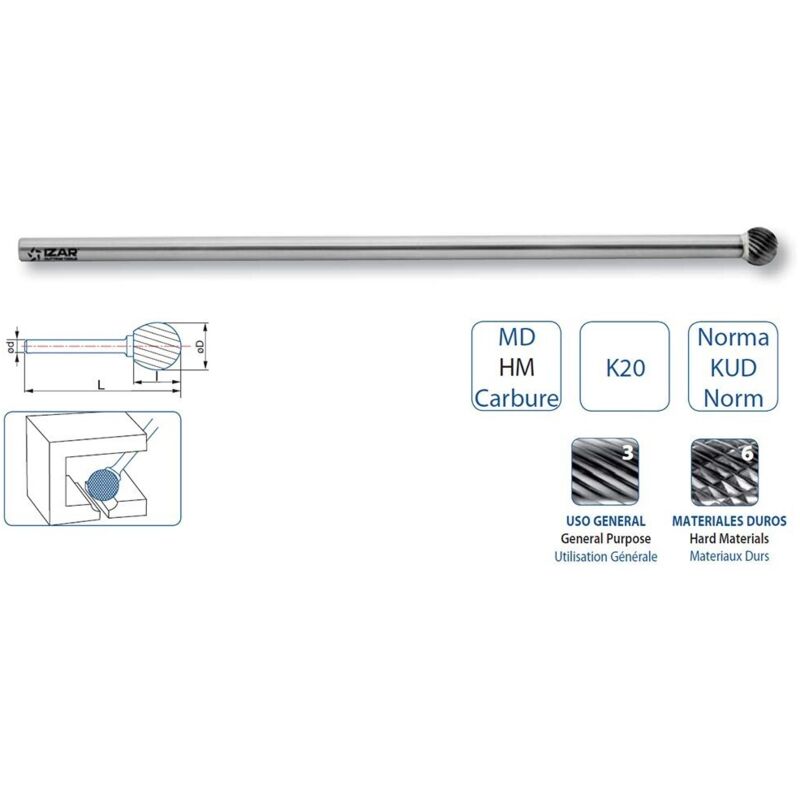 Izar - Fresa Rotativa Metal Duro Tipo d Esferica Larga - 9238 - 12,70X06,00 mm Dent.6