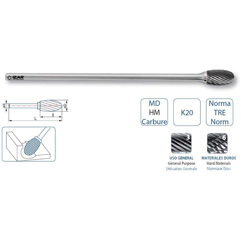 Izar - Fresa Rotativa Metal Duro Tipo e Gota-Oval Larga - 9237 - 12,70X06,00 mm Dent.6