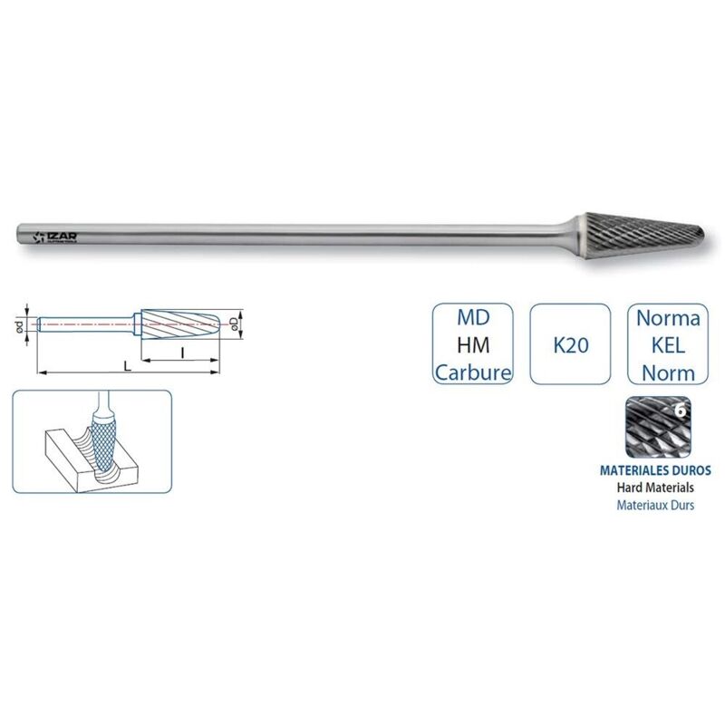Izar - Fresa Rotativa Metal Duro Tipo l Conica Redondeada Larga - 9247 - 12,70X06,00 mm Dent.6