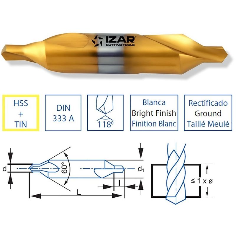 

60383 - Broca hss DIN333a centrar tin 04.00x10.00 mm - Izar